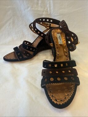 Prada Brown and Black Suede Cutout Ankle-Strap Wedge Heels